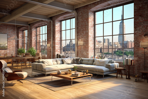 A living room filled with furniture and large windows. Generative AI. Urban loft  moden live work unit.