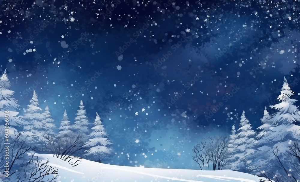 Sparkling Winter Wonderland: Falling Snow Against Dark Blue Sky and White Snowdrifts, generative AI