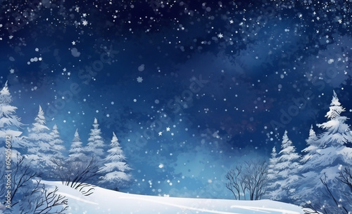 Sparkling Winter Wonderland: Falling Snow Against Dark Blue Sky and White Snowdrifts, generative AI © Ash