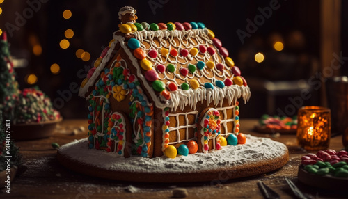 Homemade gingerbread house decoration with sweet icing generated by AI