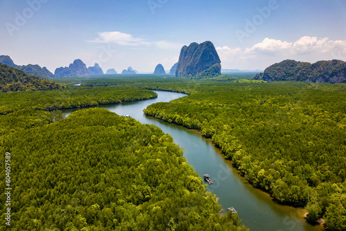 Drone view of the mangrove forests and towering limestone pinnacles and karst landscape of Phangnga Bay, Thailand