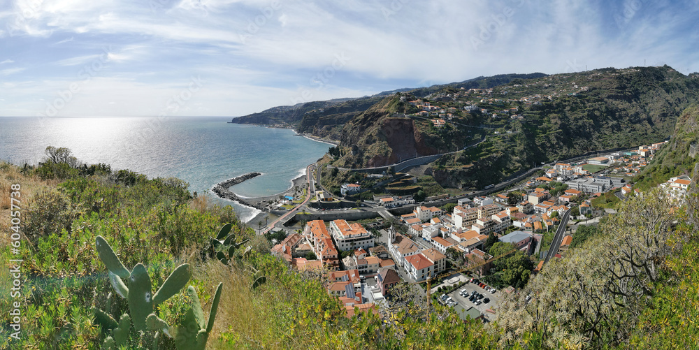 Full panoramic aerial view at the Ribeira Brava beach, from the S. Sebastião, tourist and iconic on the island of Madeira, in Portugal