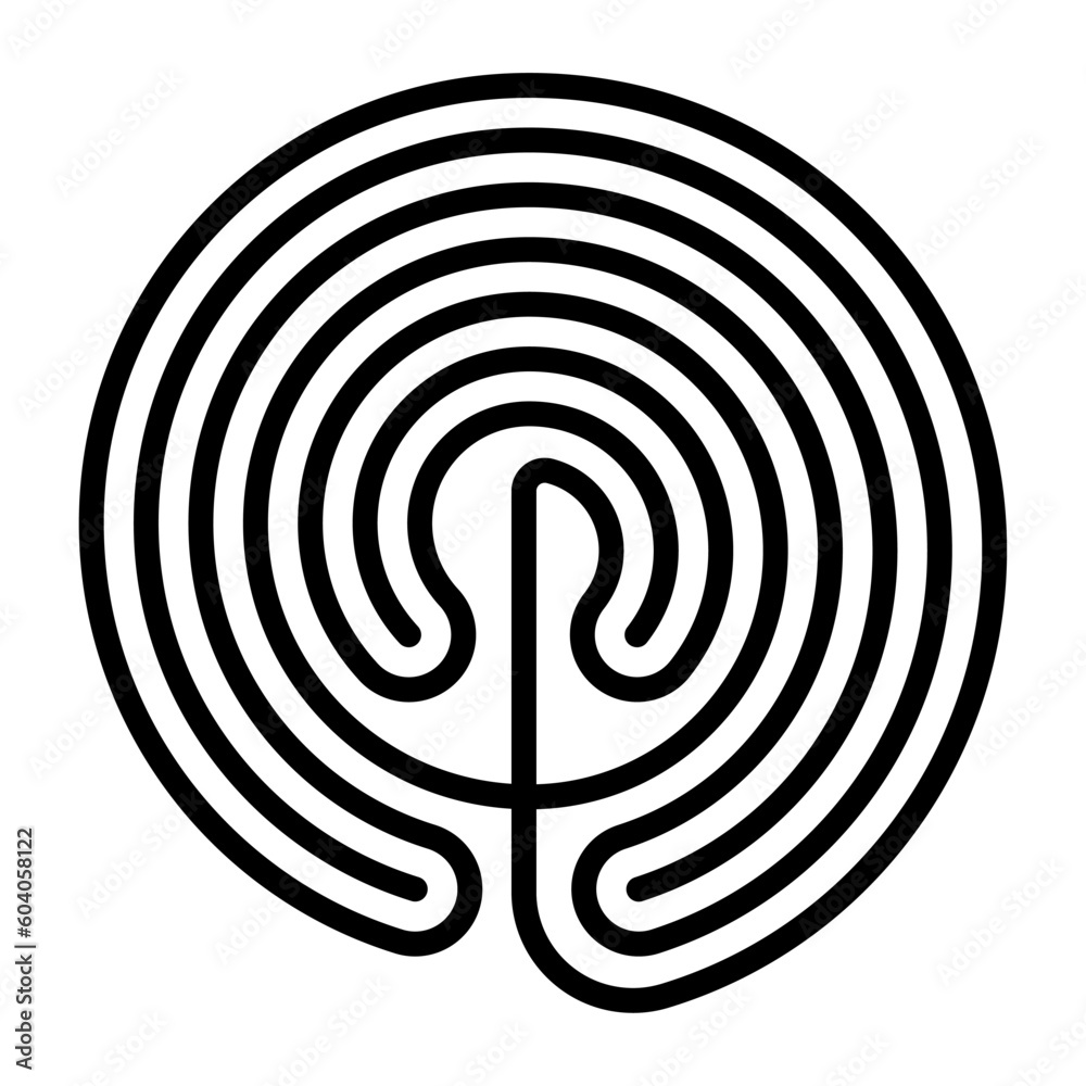 Circle shaped Cretan labyrinth. Classical design of a single path in seven courses, as depicted on silver coins from Knossos. In Greek mythology a confusing structure that served to hold the Minotaur. - obrazy, fototapety, plakaty 