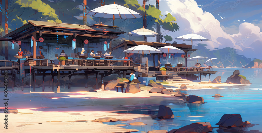 A painting of a restaurant on a beach with umbrellas. Generative AI.