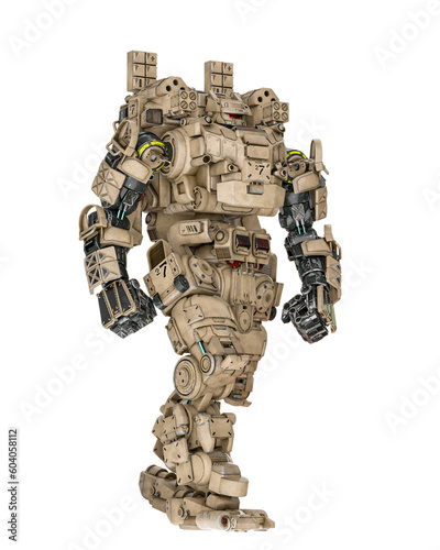 piloted combat sci-fi armor mech unit painted out in coyote tan is walking