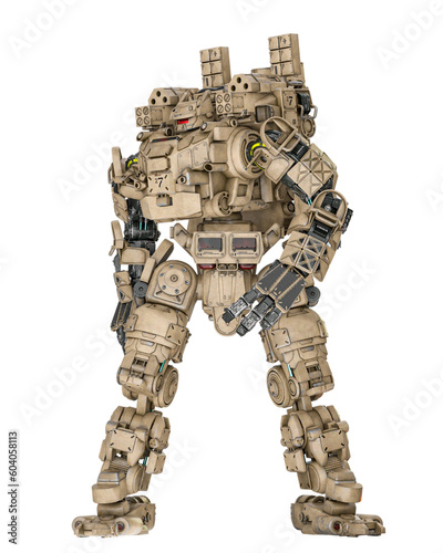 piloted combat sci-fi armor mech unit painted out in coyote tan is standing up