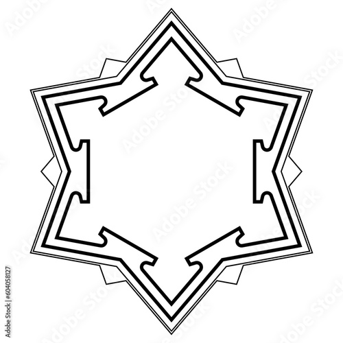 Hexagonal bastion fort pattern. Plan and basic structure of outer walls of a six pointed star fort, with ravelins, the triangular fortifications and detached outworks, placed opposite a curtain wall. photo