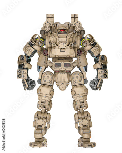 piloted combat sci-fi armor mech unit painted out in coyote tan is standing up and ready for war