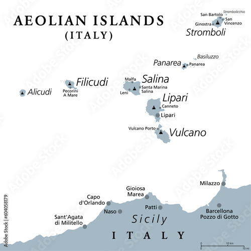 Aeolian Islands, gray political map. Volcanic archipelago in the Tyrrhenian Sea north of Sicily, Italy. Also called Lipari Islands. Lipari, Vulcano, Salina, Stromboli, Filicudi, Alicudi and Panarea. photo
