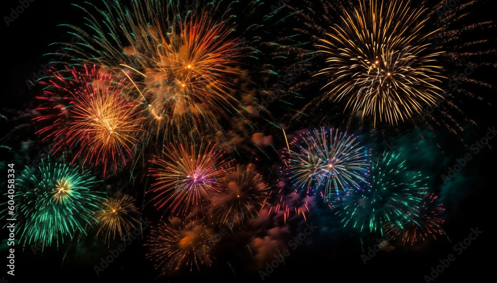 Vibrant colors ignite celebration, exploding firework display generated by AI