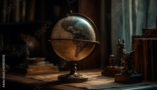 Antique globe on wooden table inspires exploration generated by AI