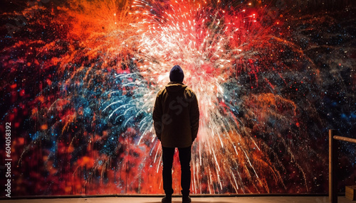 One person standing, watching exploding firework display generated by AI