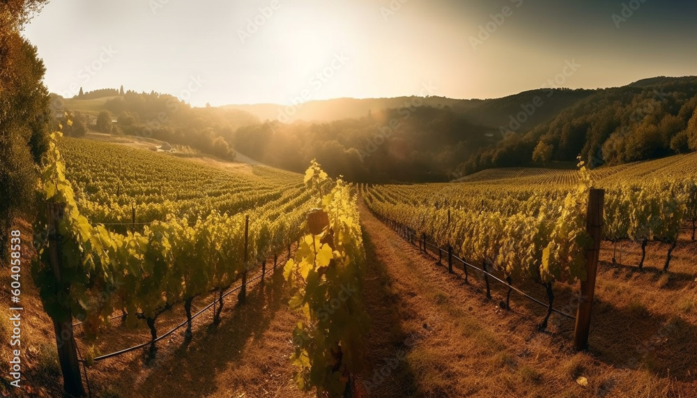 Sunset over vineyard, winery harvests autumn grapes generated by AI