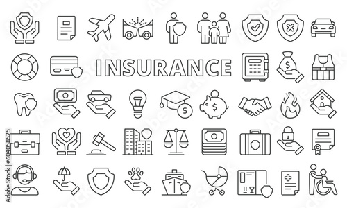Set of insurance black icons in line design. insurance vector flat illustrations. Auto, health, Life, Home, Travel, Business, Property, Insurance quotes, icons isolated on while background vector.