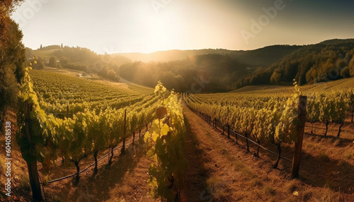 Sunset over vineyard, winery harvests autumn grapes generated by AI