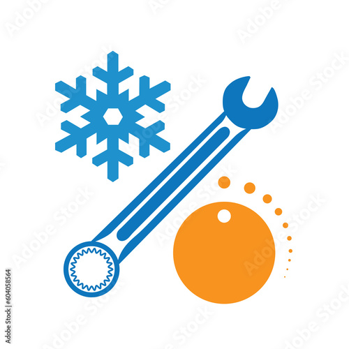 Iconos de nna llave inglesa, una perilla de aparato y un símbolo de hielo. Vector
