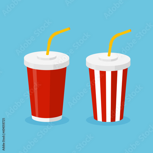 Soda set plastic disposable cup with drinking straw. Fast food carbonated drink.Vector illustration for menu design isolated.