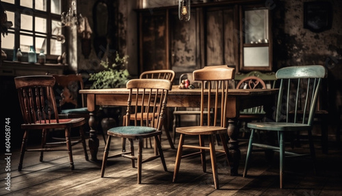 Rustic wooden chair sits in empty room generated by AI