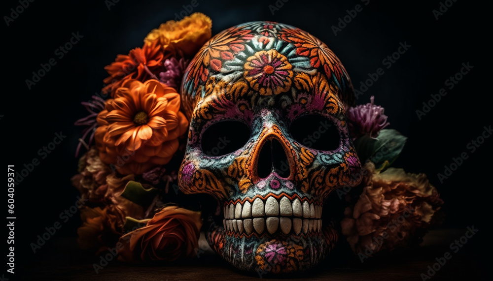 Spooky decoration human skull, flower, and leaf generated by AI