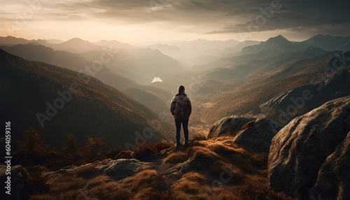 One person hiking mountain peak at sunrise generated by AI