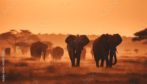 African elephant herd grazing in tranquil savannah generated by AI © Stockgiu
