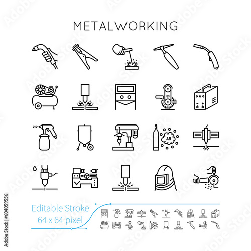 Metalworking Icon Set. Editable vector stroke. Welding, Sharpening, Grinding, Drilling, Cutting, Sandblasting, Grooving, Cleaning, Plasma, Laser, Grinder, Hydro, Compressor, Gas.