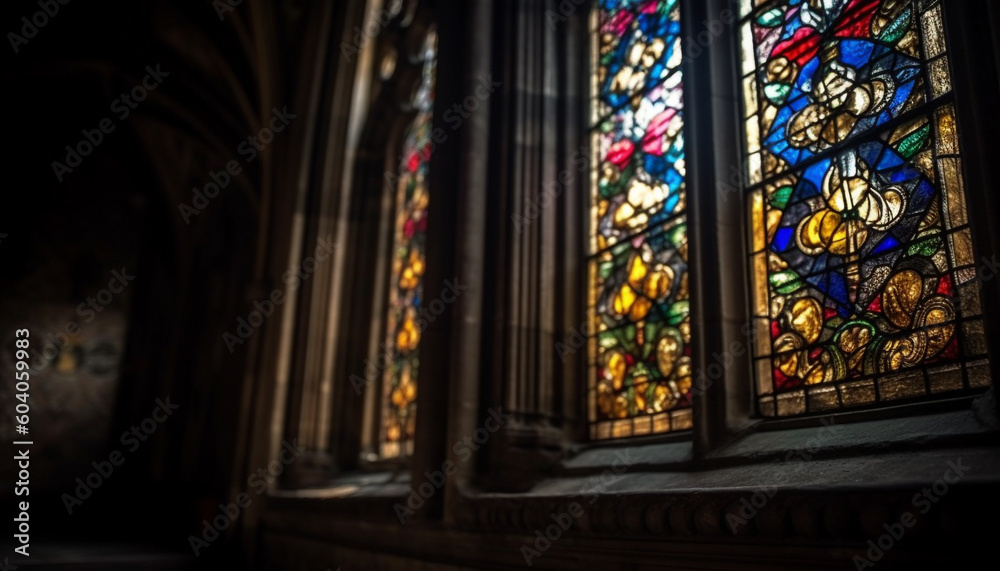 Stained glass windows illuminate ancient Gothic basilica generated by AI