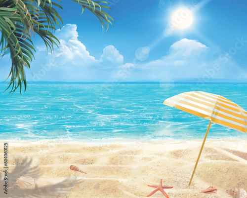 A Beautiful beach and sea side - palm tree and parasol and sun- vector.