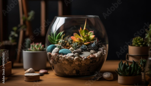 Green potted plant on wooden table indoors generated by AI