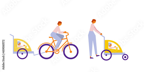 Mother and child. Woman riding bike with baby trailer and use carrier as a stroller. Cartoon geometric vector illustration set