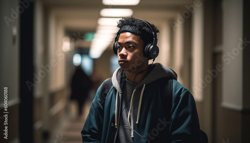 Young athlete listening to music outdoors, focused generated by AI
