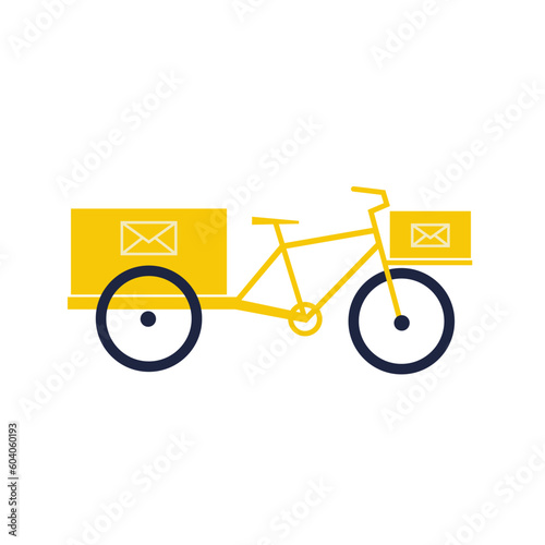 Postal cargo bike icon with carts and containers for lettrs and parcels. Cartoon geometric vector illustration photo