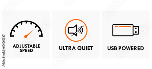 Adjustable speed, ultra quiet and usb powered design logo template illustration