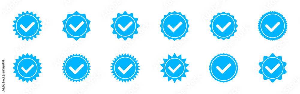Account verification icon with a circle inside. Social media verification icons. Verified badge profile set. Blue check mark icon. Account verification icon with a circle inside. Social media verification icons. Verified badge profile set. Blue check mark icon.
