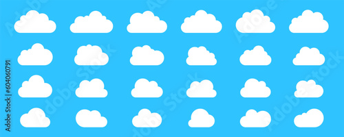 Big set of cloud with flat bottom cloud icons in flat style isolated on blue background. Cloud vector collection.