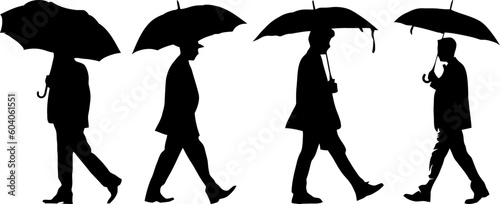 set of silhouettes of men walking using umbrella