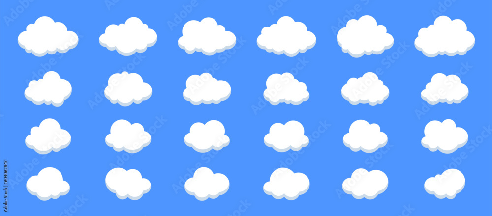 Set of cartoon clouds. Fluffy clouds collections in flat style isolated on blue background.