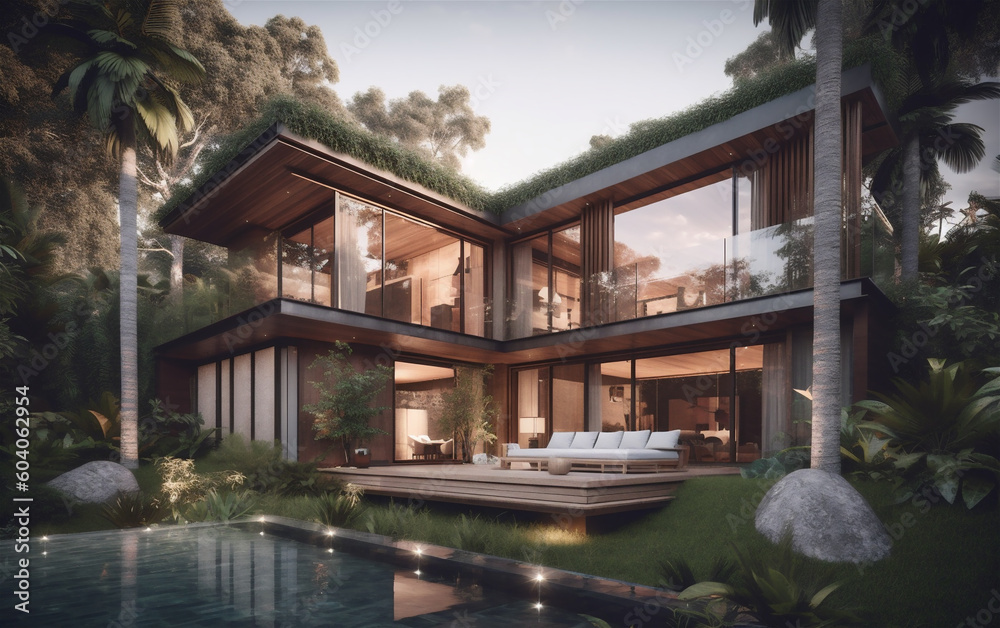 Closeup modern design villa exterior environment in natural outdoor setting