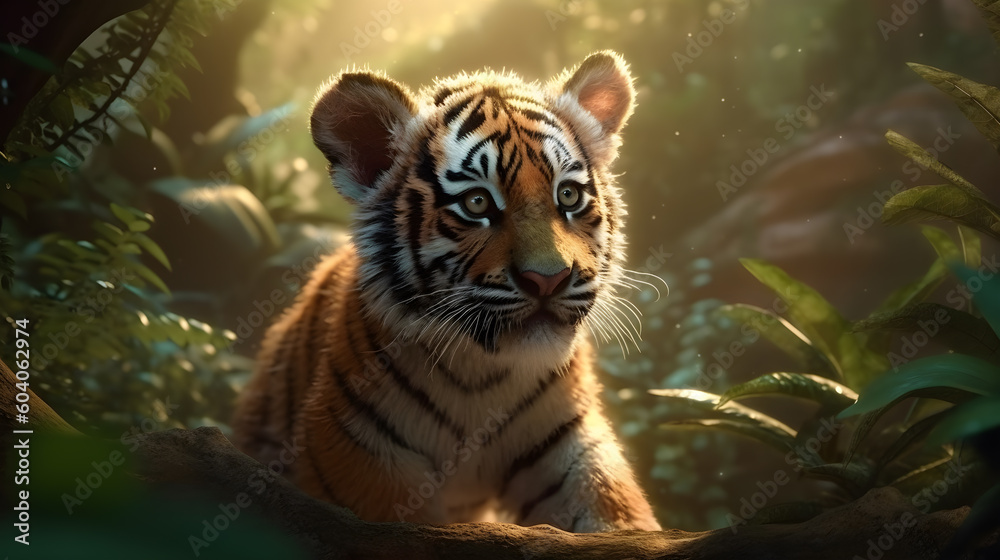 Cute Little Tiger cubs relax in the jungle in the morning of sunny day with bright sun light. Generative AI Cute Little Tiger cubs relax in the jungle in the morning of sunny day with bright sun light. Generative AI