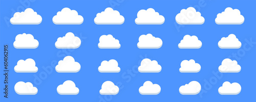 Set of cartoon clouds. Clouds with flat bottom collections in flat style isolated on blue background.