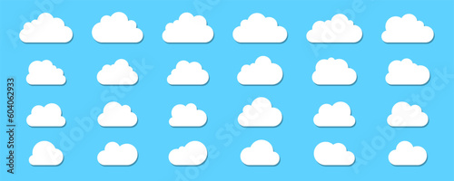 Set of clouds with shadow. Clouds with flat bottom collections in flat style isolated on blue background.