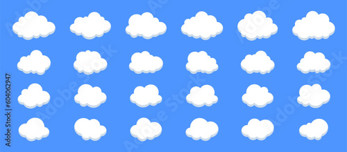 Set of cartoon clouds. Fluffy clouds collections in flat style isolated on blue background.