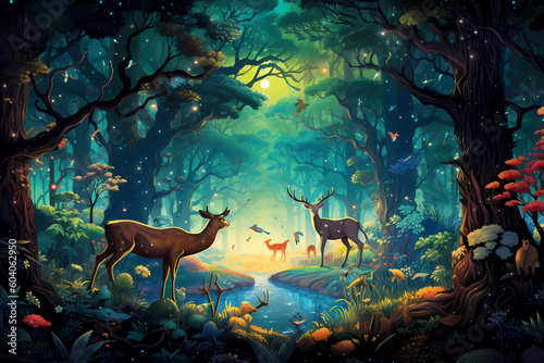 Anime animals and imaginary creatures at night in enchanted forest from old folk tales