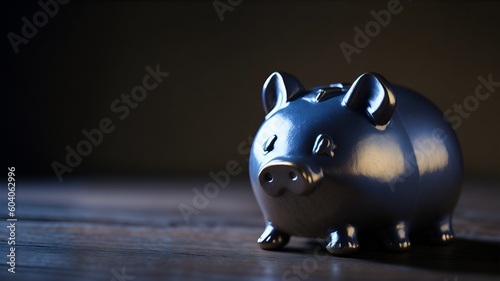 A piggy bank isolated on a wooden table, the piggy bank is made of shiny ceramic