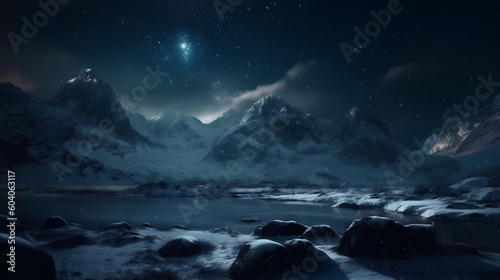 Snow mountain and lake scenery at night