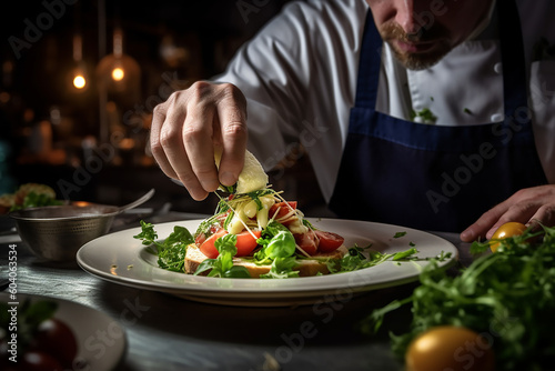 A chef is plating a dish in the kitchen 