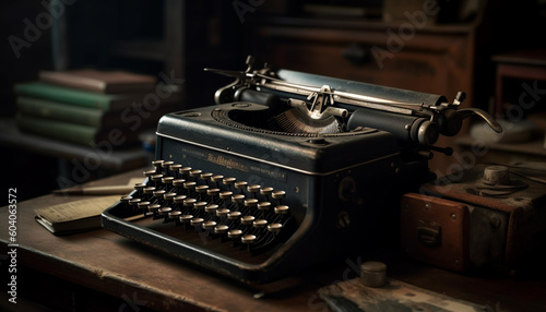 Rusty typewriter key on old fashioned desk generated by AI