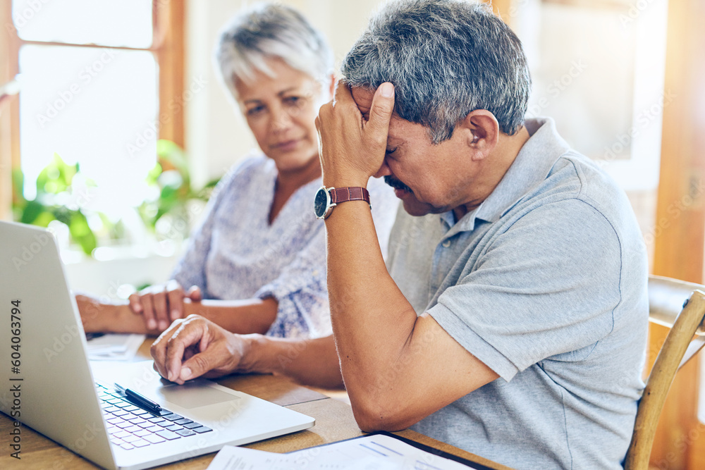 Finance, stress and senior couple with worry for bills, debt paperwork and documents for pension. Retirement, anxiety and elderly man and woman on laptop for mortgage payment, investment and budget