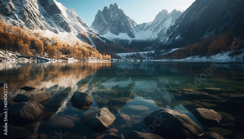 Majestic mountain range reflects tranquil beauty in nature generated by AI