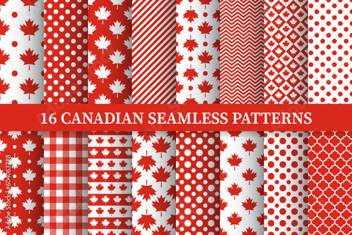 Canada Day seamless patterns set of 16. Canadian red maple leaves backgrounds bundle. Vector template for fabric, textile, wallpaper, wrapping paper, etc